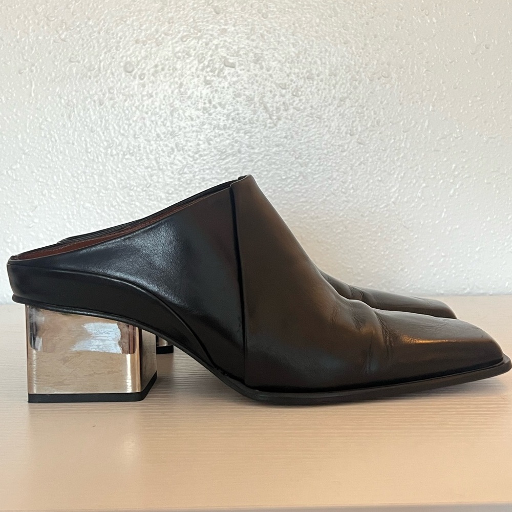 Zara Black Mule with Square Toe and Silver Block Heel US 8